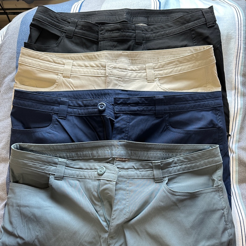 4 pairs Eddie Bauer Women’s Chinos in Black, Cream, Navy, and Gray